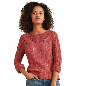 Garnet Hill Linen And Organic Cotton Cabled Pullover Sweater Poppy Rose Size L